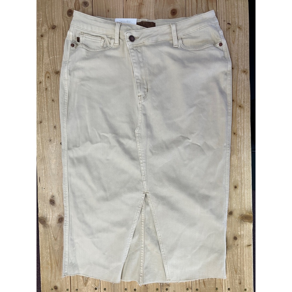 Judy Blue Khaki Tan Garment Dyed Crossover Waist Denim‎ Midi Skirt Raw Hem XL
